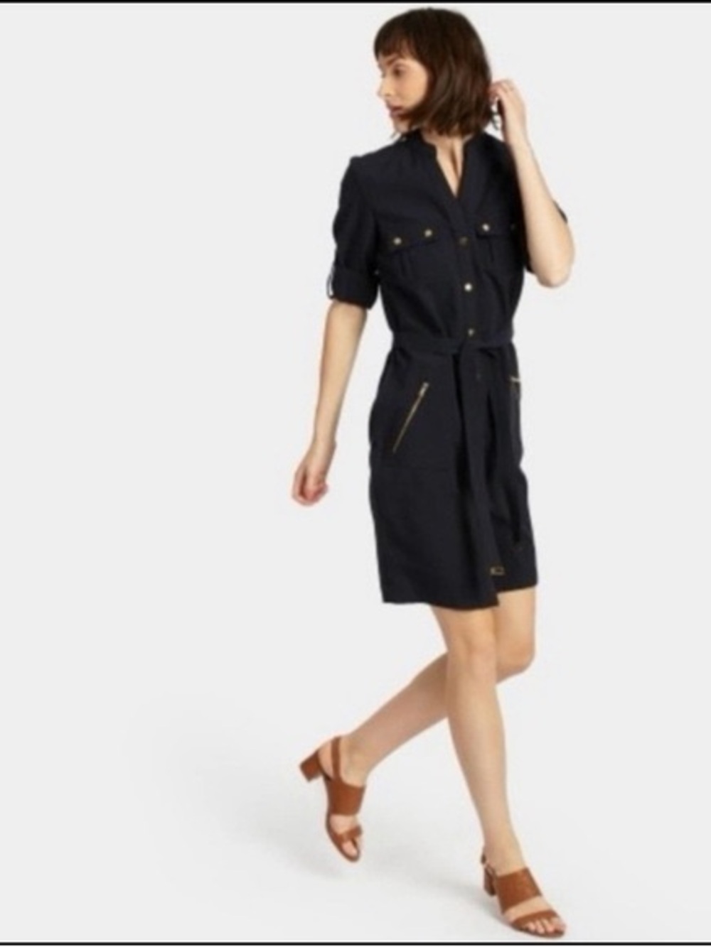 Zac & Rachel Navy Button-Front Shirt Dress with Waist Tie